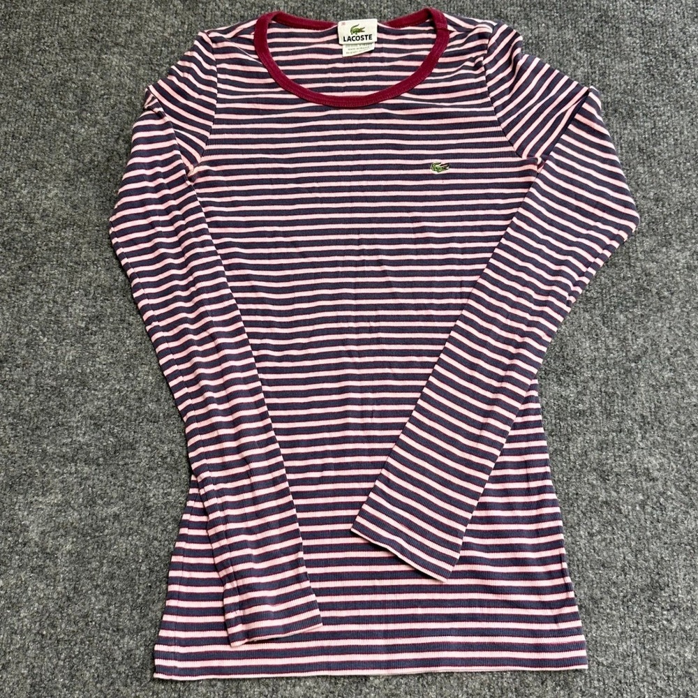 Lacoste Shirt Womens Size 36 Pink Navy Blue Striped Ribbed Long Sleeve France